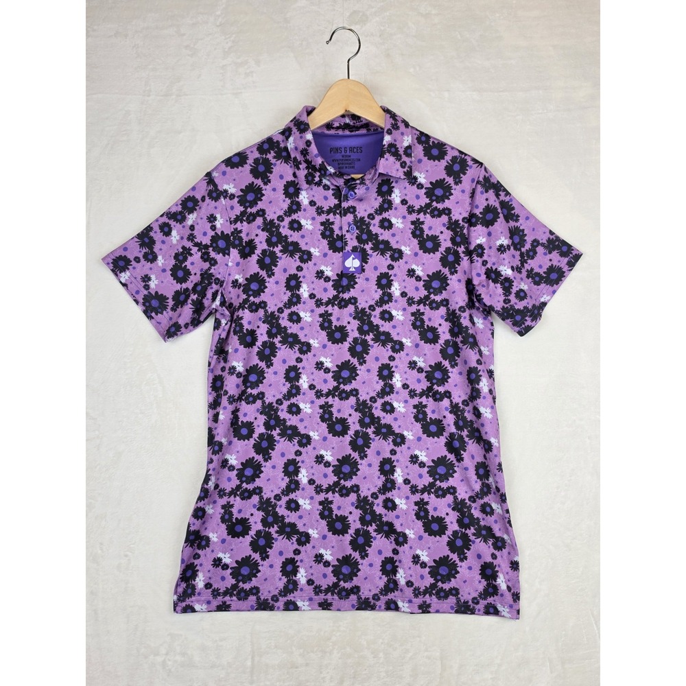 Pins Aces Mens Polo Medium Purple Floral Golf Performance Mixed Print